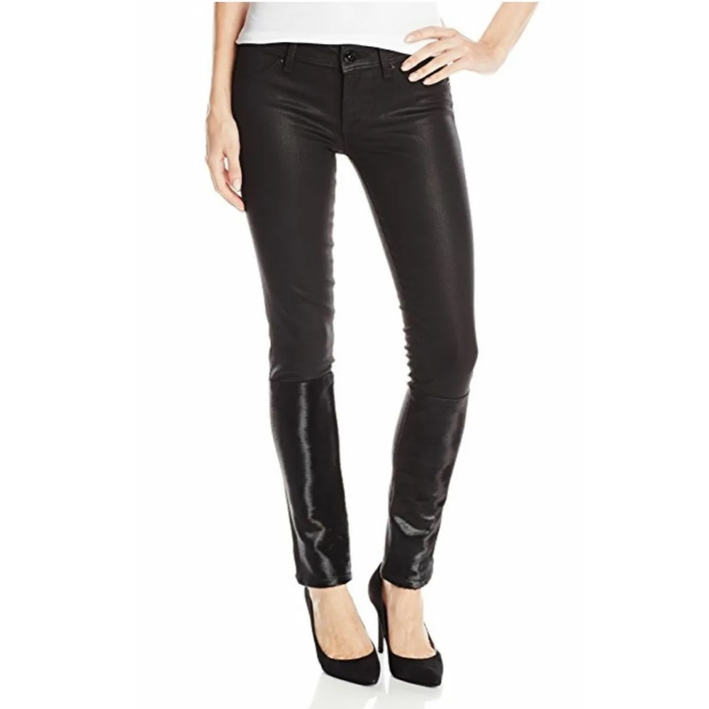 DL1961 Emma Coated Black Legging Jeans With Sheep Leather Trim, Size 27
